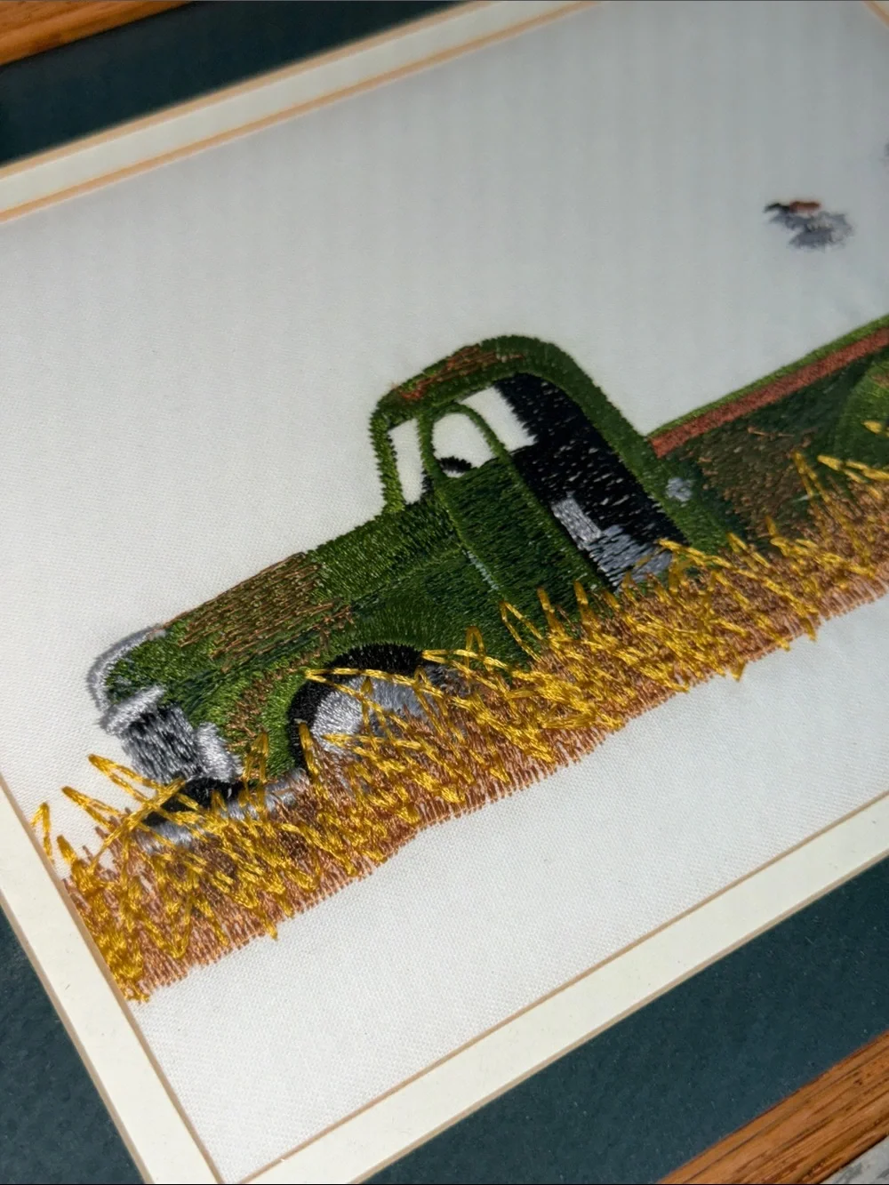 Vtg Needlepoint Embroidered Green Truck Crewel Barn wood Frame Wall Hanging